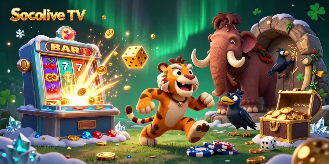 Socolive TV showcases a vibrant prehistoric casino scene filled with dynamic gaming elements and engaging characters.