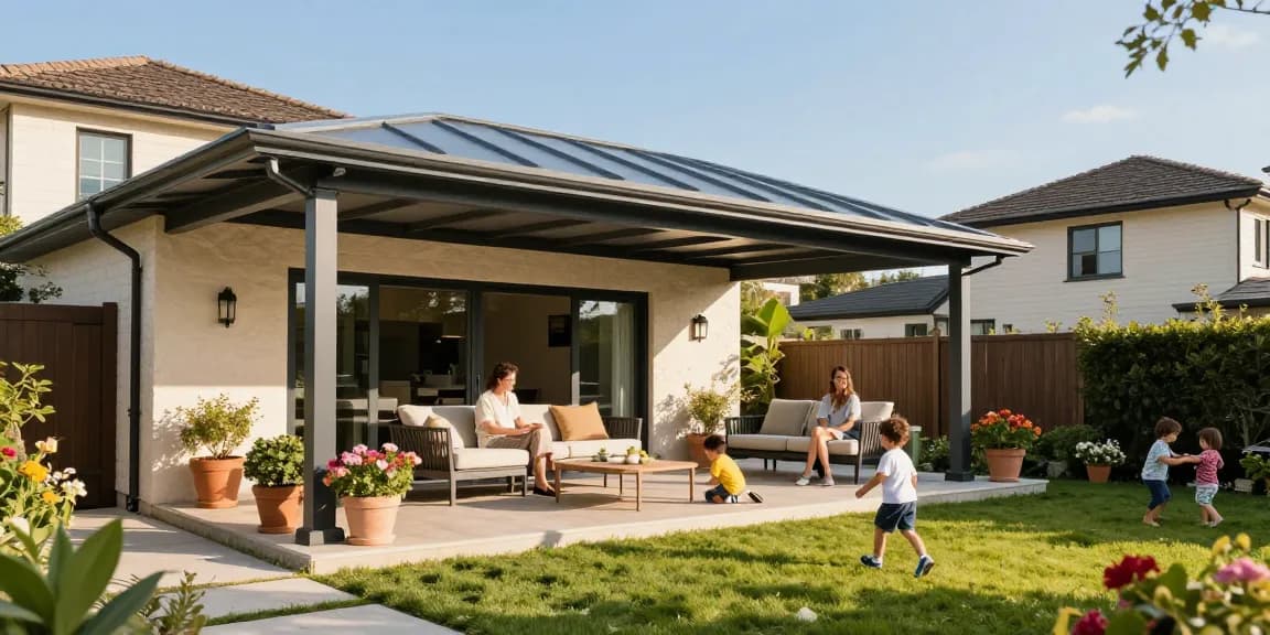 Terrassenüberdachungen bieten modernen Wetterschutz für die Familie und laden zum Entspannen im Freien ein.