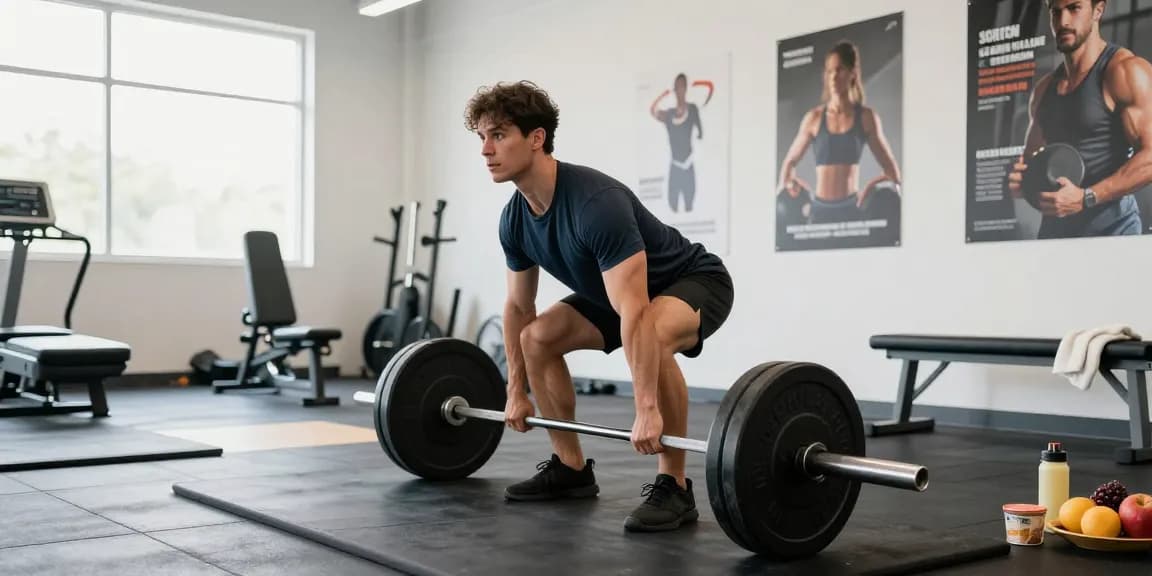 Selliza Shop: Athlet hebt Gewichte in modernem Fitnessstudio mit motivierender Umgebung