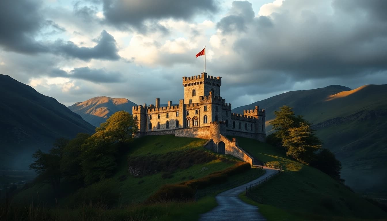 Schloss Edinburgh beeindruckt mit seiner majestätischen Architektur vor einer dramatischen Landschaft.