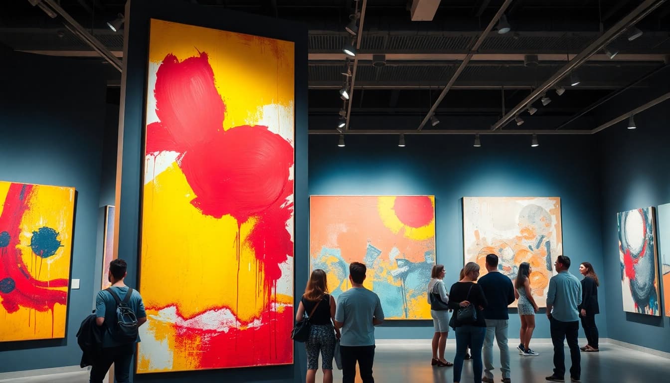 Moderne wandbilder in einer Kunstgalerie, die die Aufmerksamkeit der Besucher auf sich ziehen.