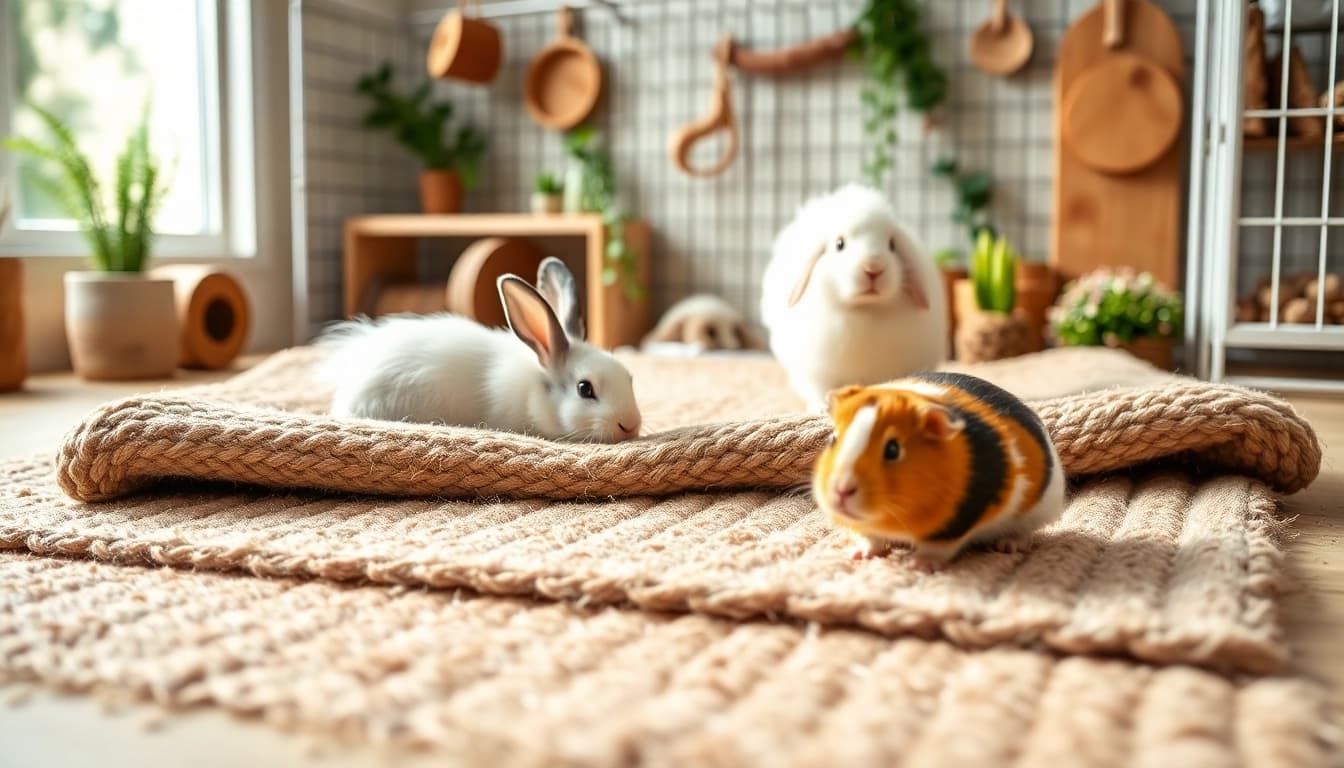 Nagermatte laying in a cozy pet habitat with a rabbit and guinea pig playing.