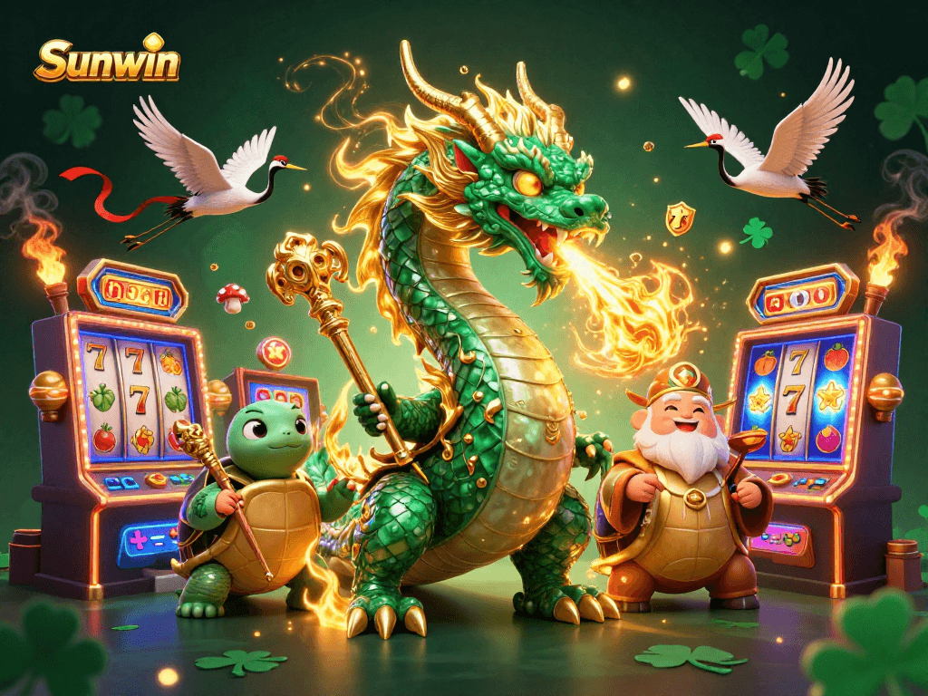 Experience thrilling slots with Sunwin featuring a jade dragon, turtle sage, and lucky cranes.