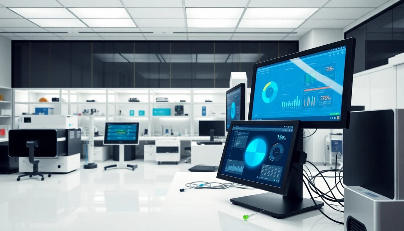 Praesentation von digitalen Loesungen im Labor mit modernen Geraeten und technischem Zubehoer.