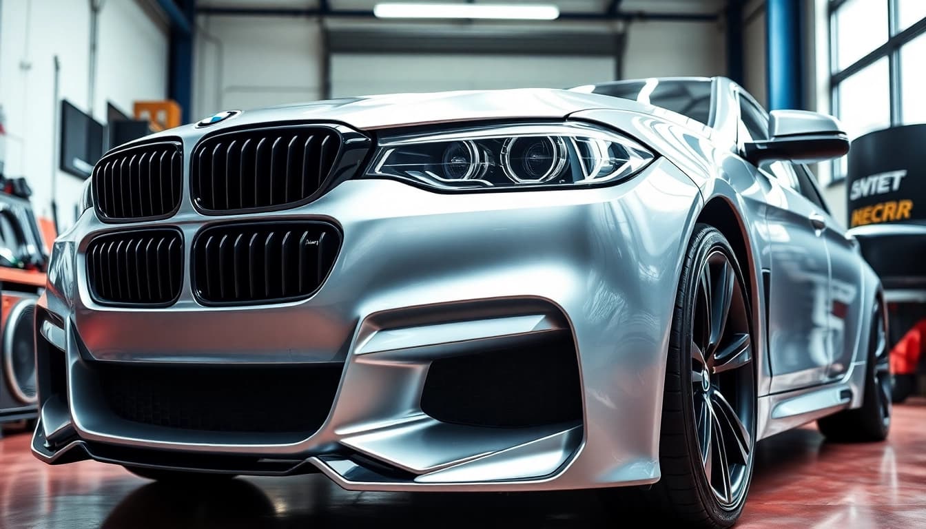 BMW Nachrüstung für individualisierte Fahrzeugmodifikationen in einer modernen Werkstatt.