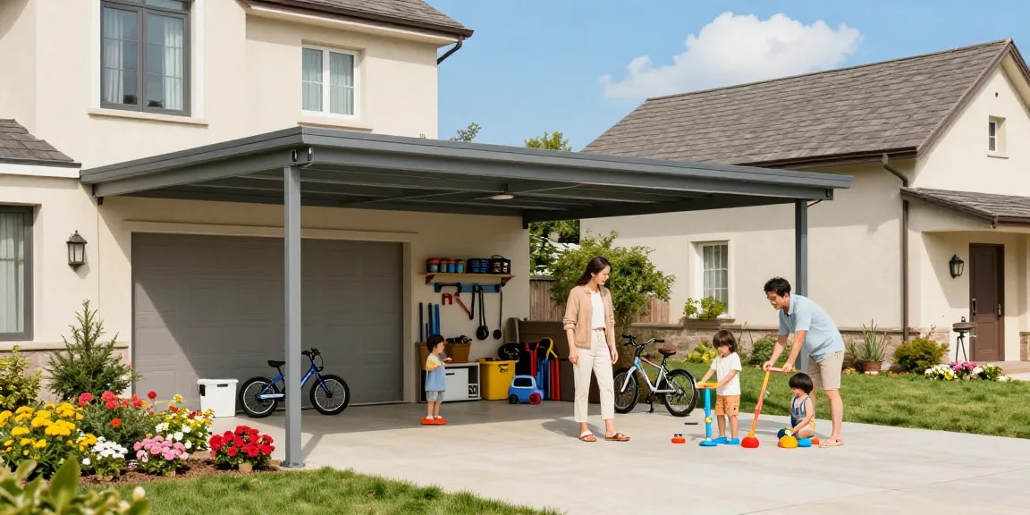 Moderne Carportstruktur bietet Schutz für Fahrzeuge, während eine Familie im Garten spielt und sich auf einen Ausflug vorbereitet.