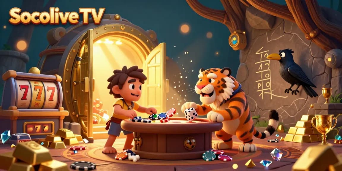 Socolive TV immerses players in a vibrant prehistoric casino scene with animated characters and sparkling treasures.