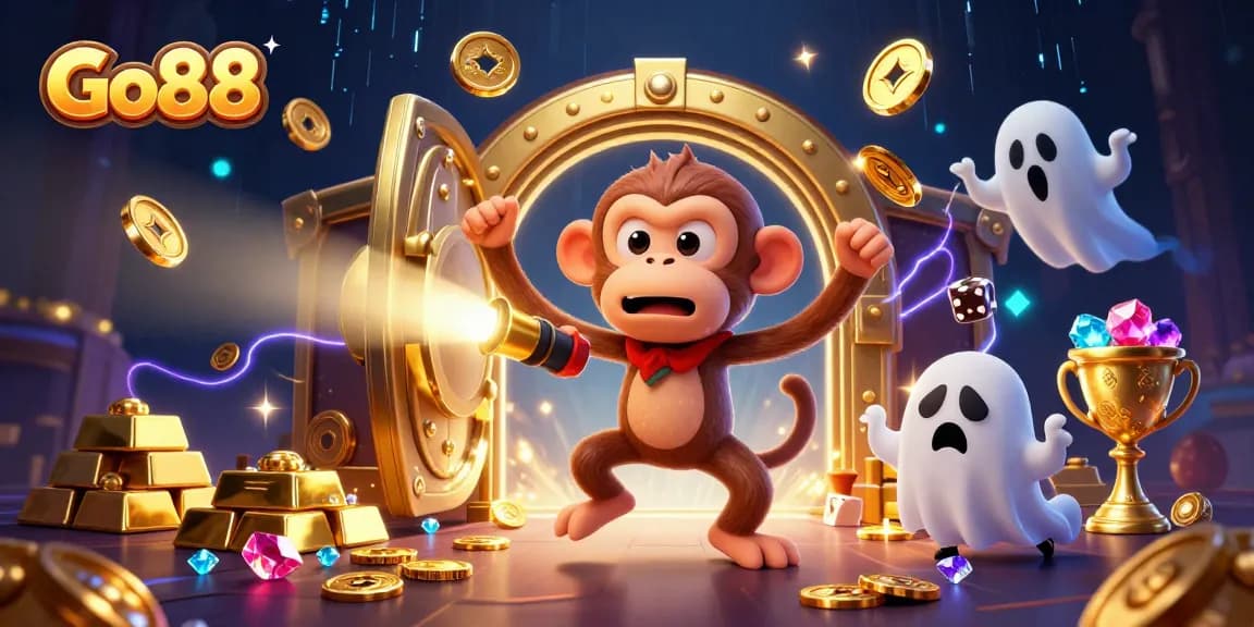 Experience the thrilling Go88 casino atmosphere with a playful poltergeist monkey juggling riches.