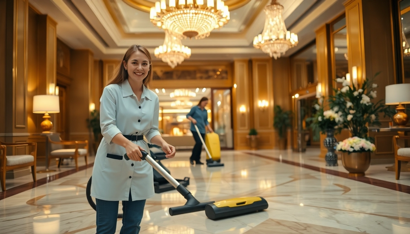 Effektive hotelreinigung durch freundliches Reinigungspersonal im luxoriösen Hotellobby.