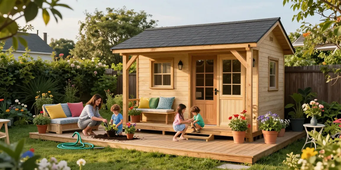 Ein stilvolles Garten Haus umgeben von lebhaften Pflanzen, eine Familie genießt die Zeit im Garten.