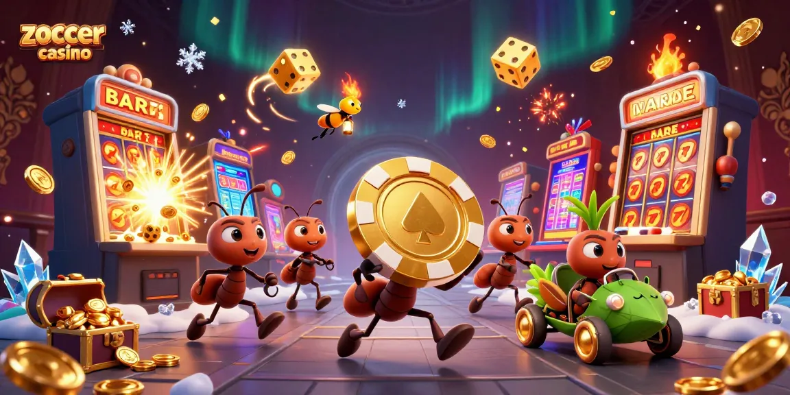 Zoccer Casino heist illustration with ants carrying a giant poker chip, slot machines, and golden treasures.