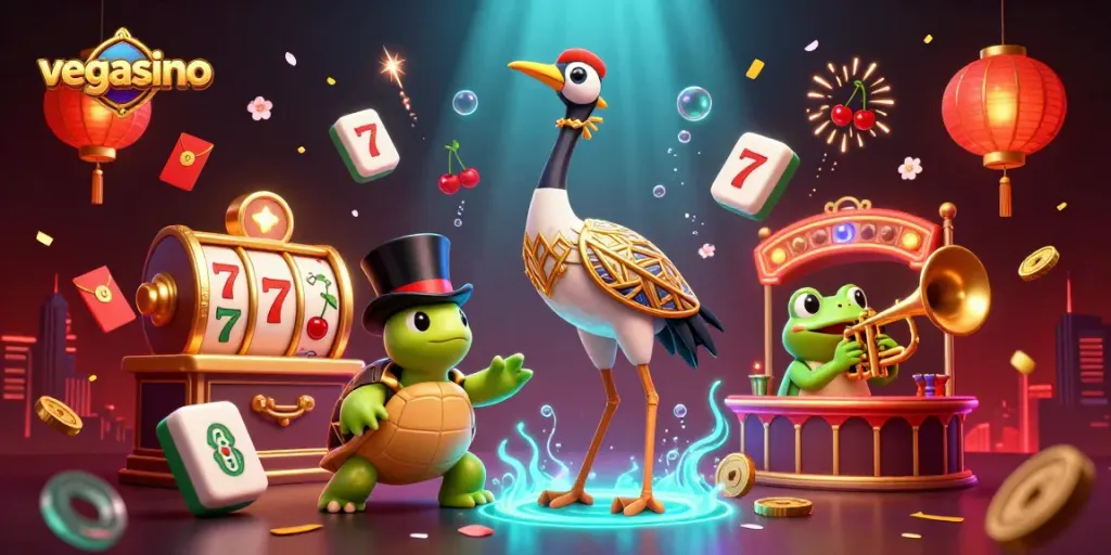 Experience thrilling gameplay in vegasino with lively characters at a bustling casino scene.