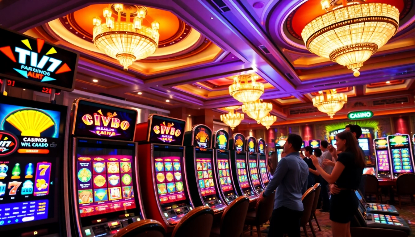 Spannende Spielszenen auf casinospiele.de in einem lebhaften Casino mit hellen Spielautomaten und täuschend echten Spielern.