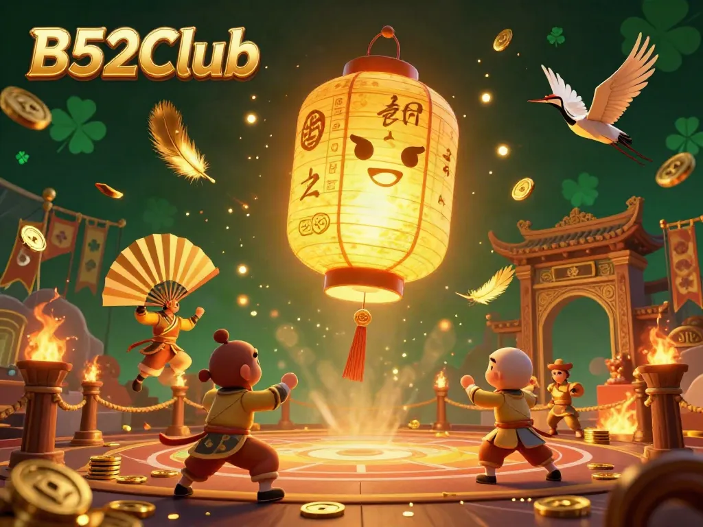 B52Club casino illustration featuring a glowing golden lantern spirit amid golden elements and gambling artifacts.