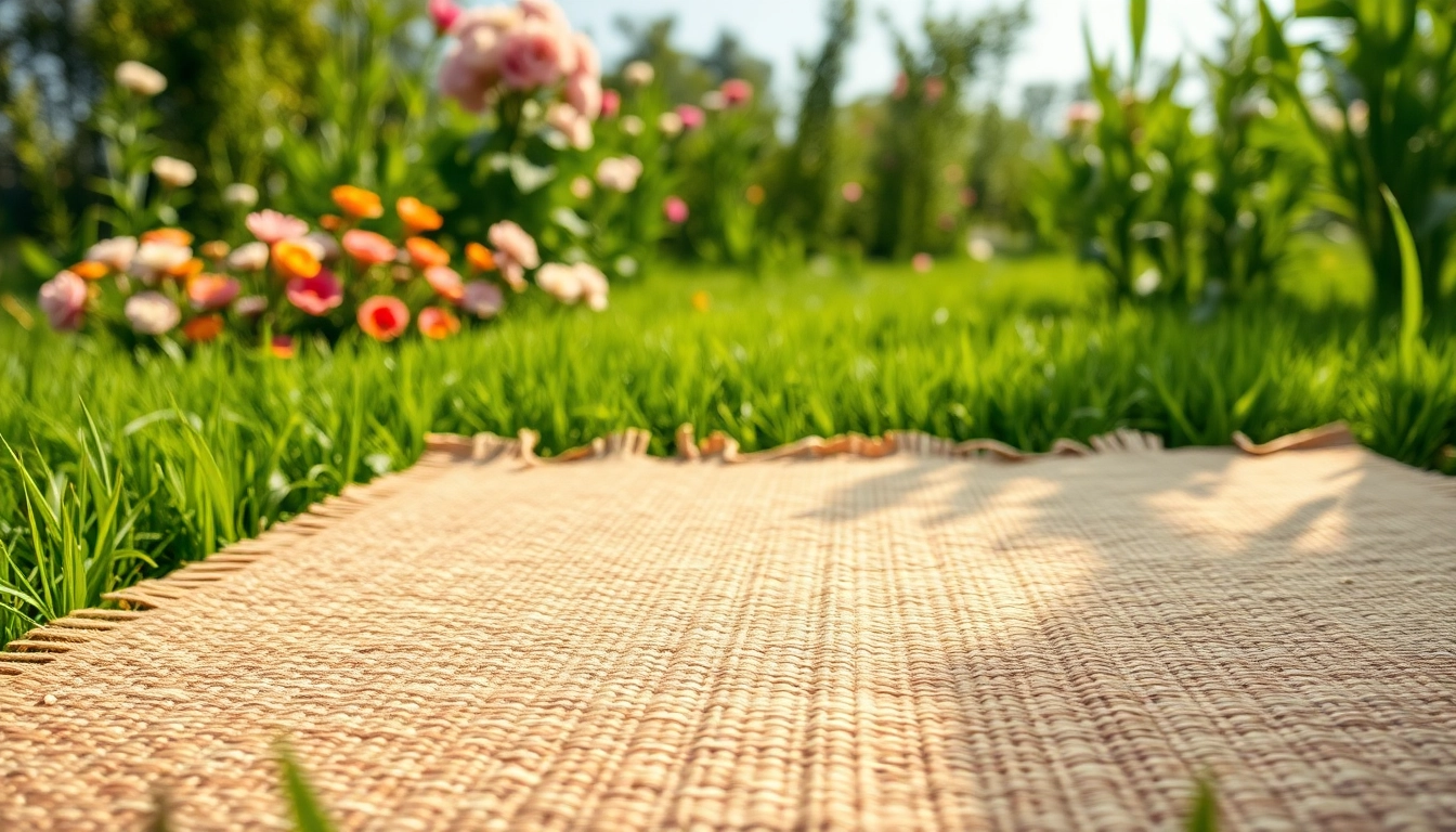 Die Hanfmatte in einem grünen Garten zeigt ihre umweltfreundlichen Eigenschaften.