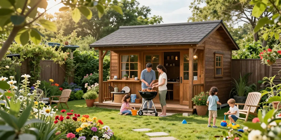 Gemütliches Gartenhaus von McGarden24 umgeben von Blumen und spielenden Kindern.