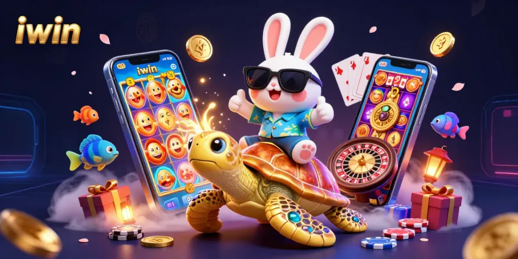 iwin offers thrilling slots and games in a dynamic scene featuring a lucky rabbit and golden turtle.