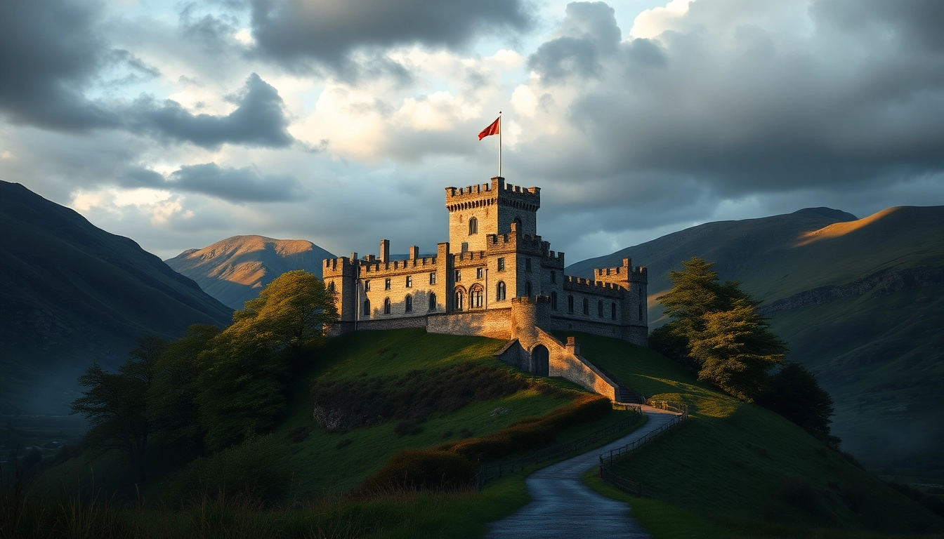 Schloss Edinburgh beeindruckt mit seiner majestätischen Architektur vor einer dramatischen Landschaft.