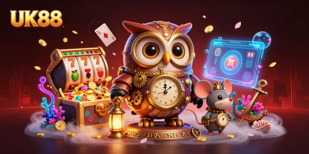 Experience thrilling games on UK88 with a time-traveling owl and vibrant casino elements.
