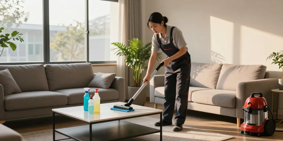 Professional cleaner performing wohnungsendreinigung bern in a sunlit living room.