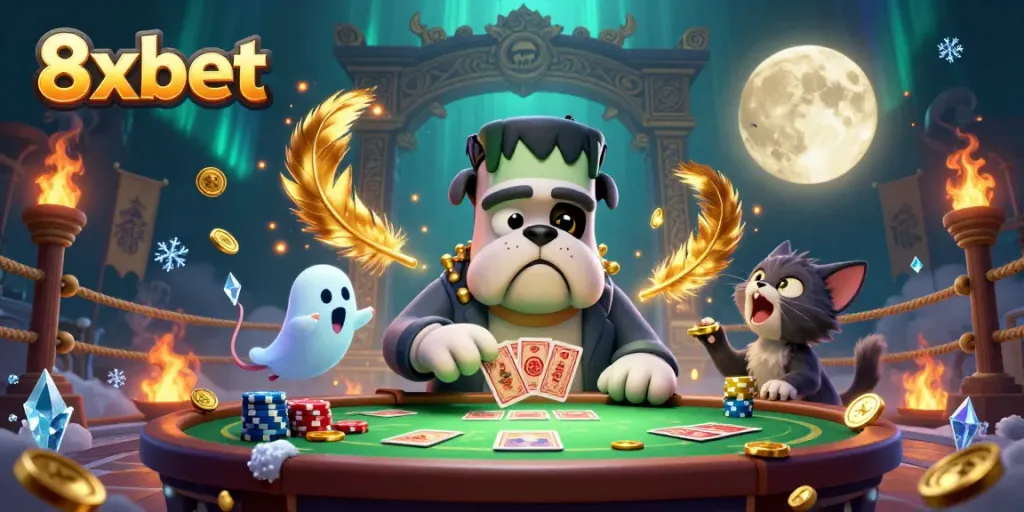 Experience thrilling fun at 8xbet with a lively 3D gaming scene featuring colorful characters and casino elements.