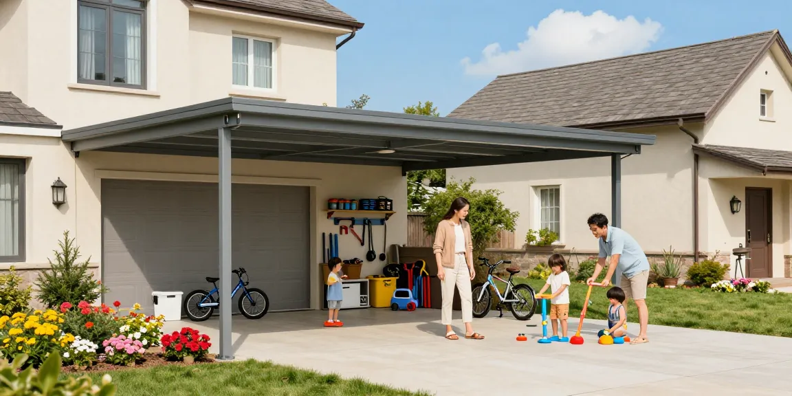 Moderne Carportstruktur bietet Schutz für Fahrzeuge, während eine Familie im Garten spielt und sich auf einen Ausflug vorbereitet.