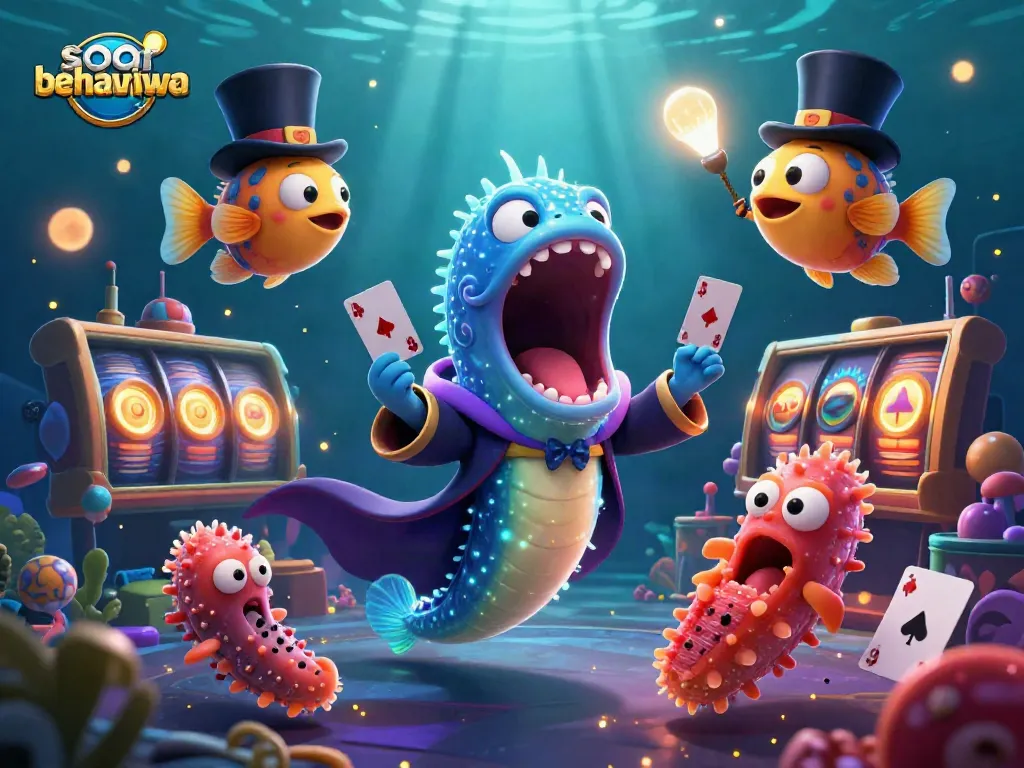 soarbehaviorwa showcases a colorful casino scene with animated eel performing tricks amidst slot machines and poker cards.