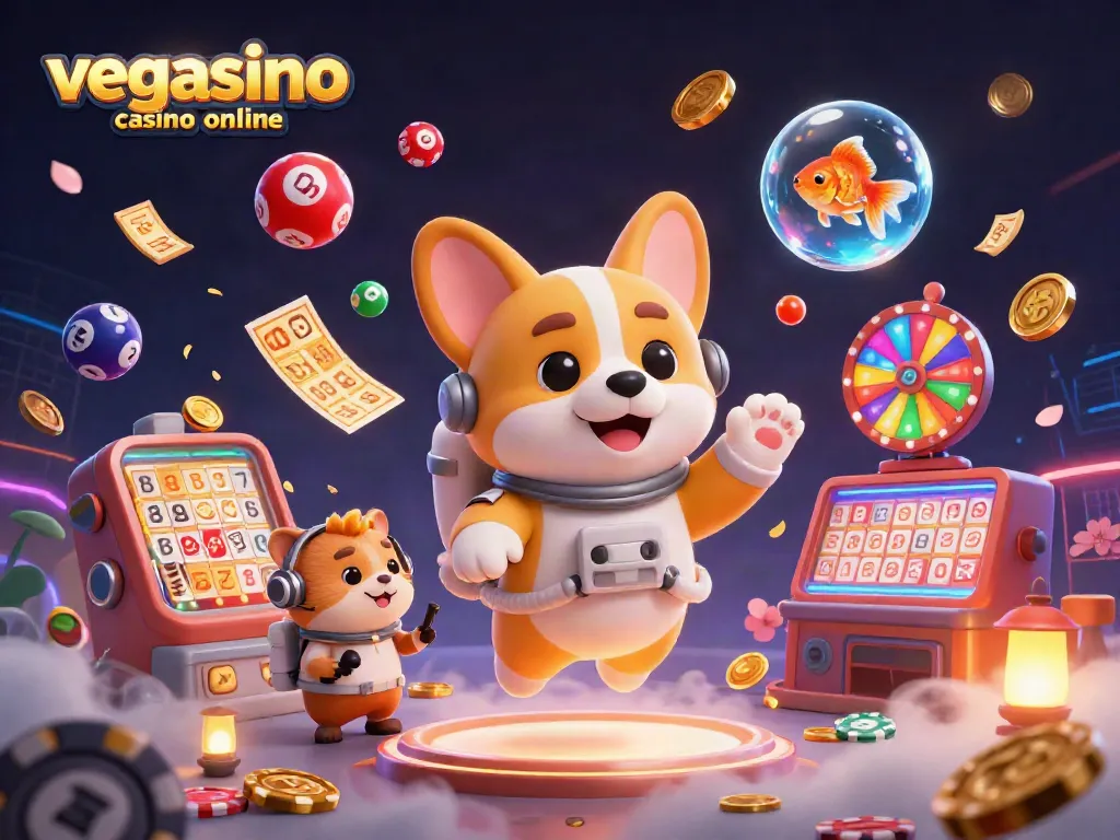 Play exciting games at vegasino casino online, featuring vibrant animated characters and dynamic gambling elements.