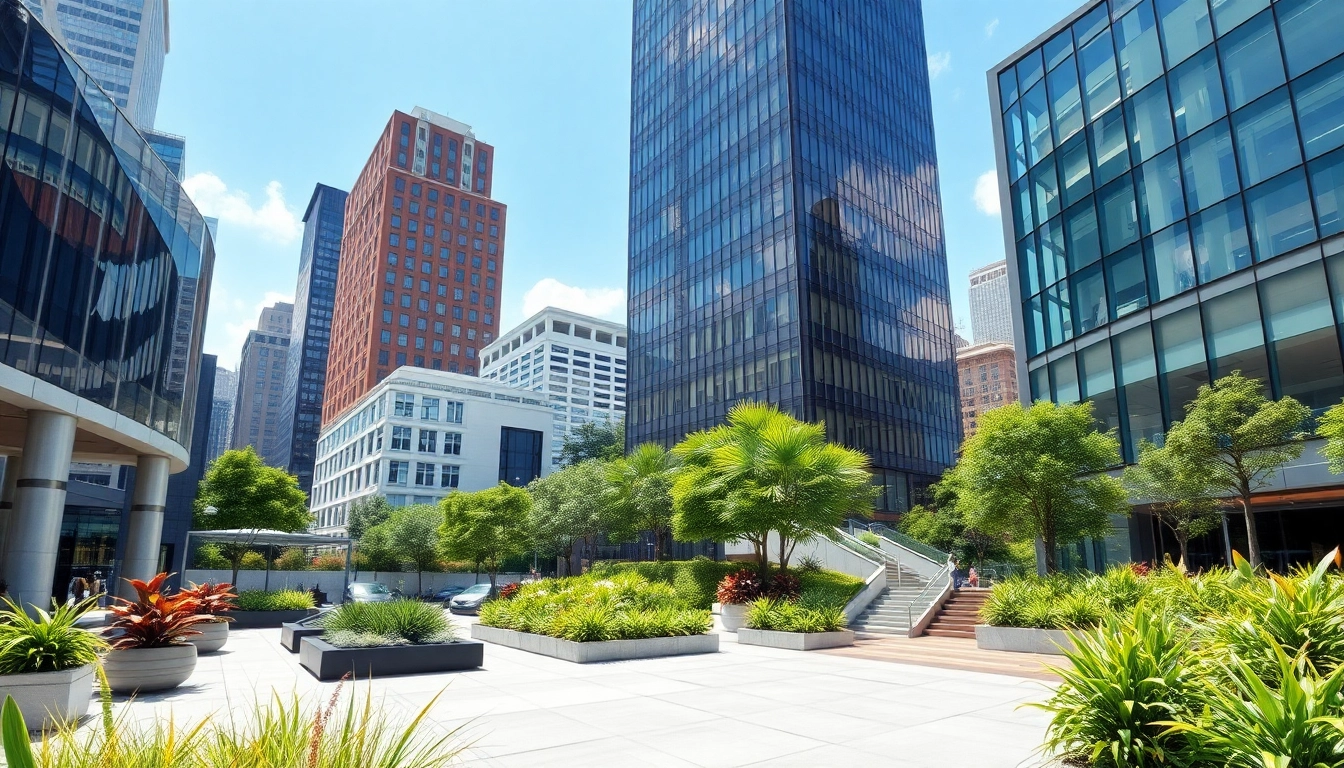 Architekturvisualisierung moderner Gebäude mit integrierter Landschaftsgestaltung in einer urbanen Umgebung.