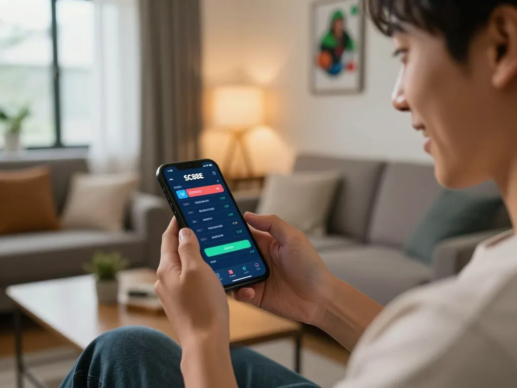 Person placing bets with SC88E mobile app in a cozy living room during sports event