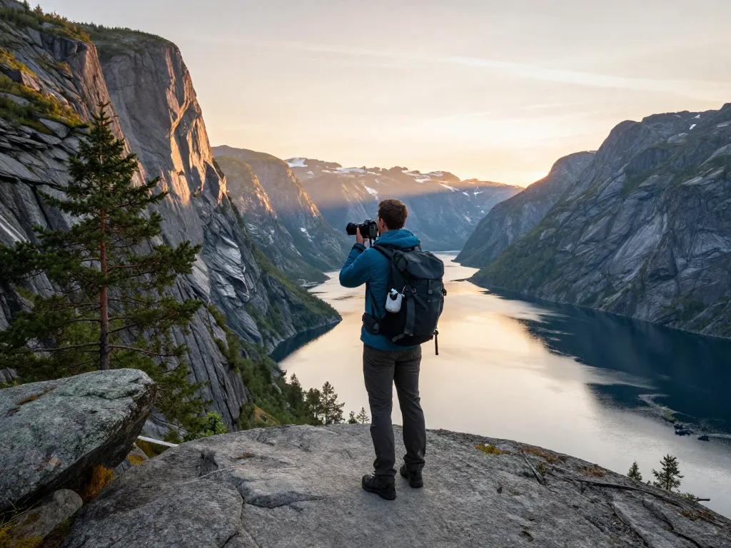 Urlaub in Skandinavien genießen, ein Reisender fängt atemberaubende Fjordblicke in Norwegen ein.