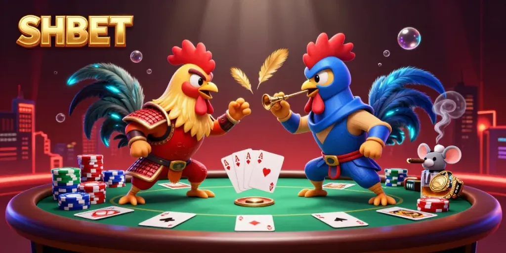 Join the thrilling showdown at SHBET featuring animated roosters battling in a lively 3D casino scene.