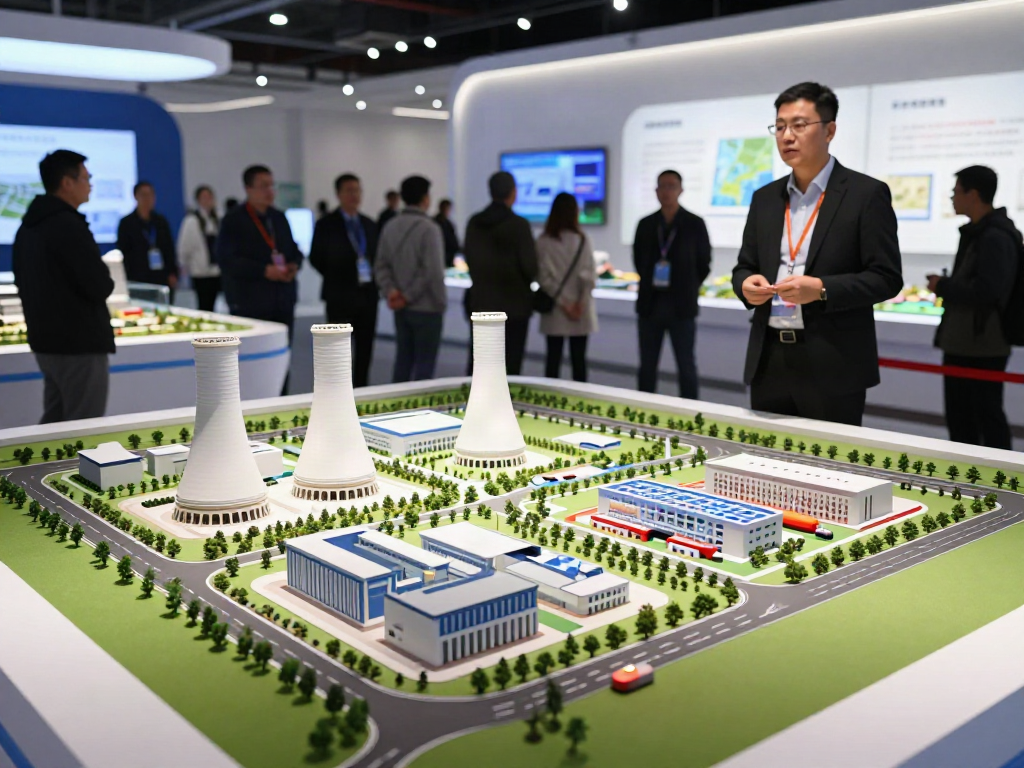 Interaktive Modelle von Umspannwerken und Industrieparks in einer modernen Ausstellung.