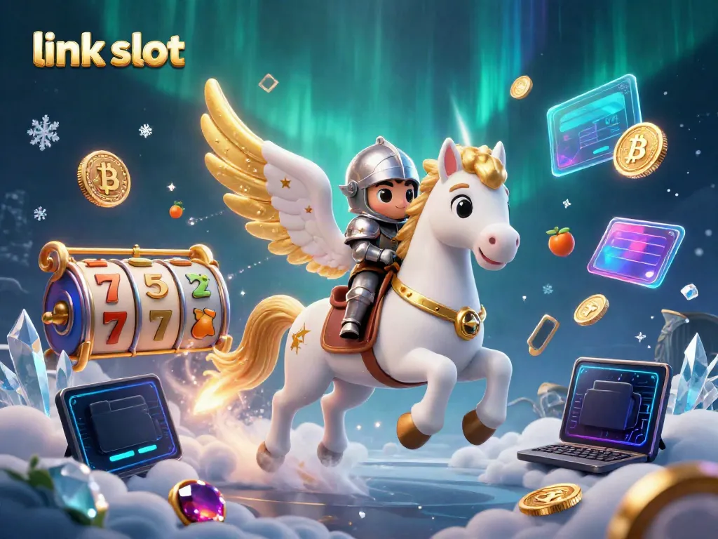 Experience vibrant action in this link slot gaming scene, featuring a celestial horse and knight with slot symbols.