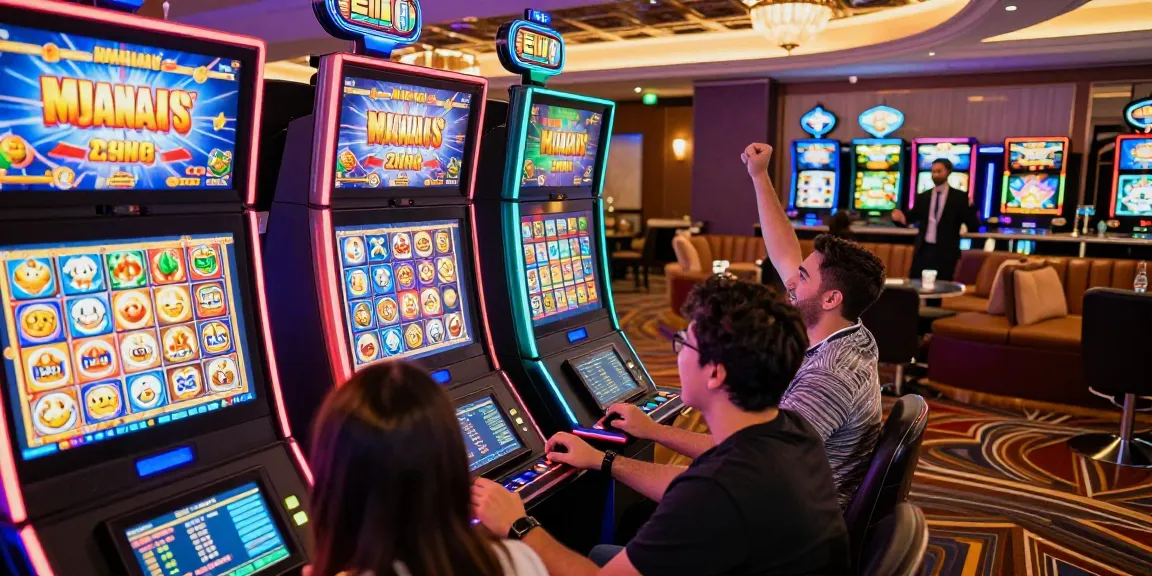 Engaged players at a digital slot machine in a vibrant สล็อตเว็บตรง casino setting, celebrating wins