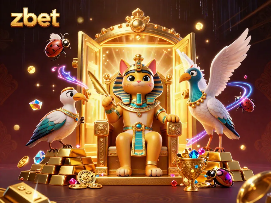 Zbet showcases thrilling online casino gaming, featuring a regal Egyptian pharaoh cat and dazzling treasures.