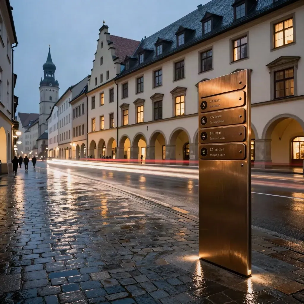 Münchner Altstadt im Regenlicht mit geschlossener Abendroute und warmen Fassadenfenstern.