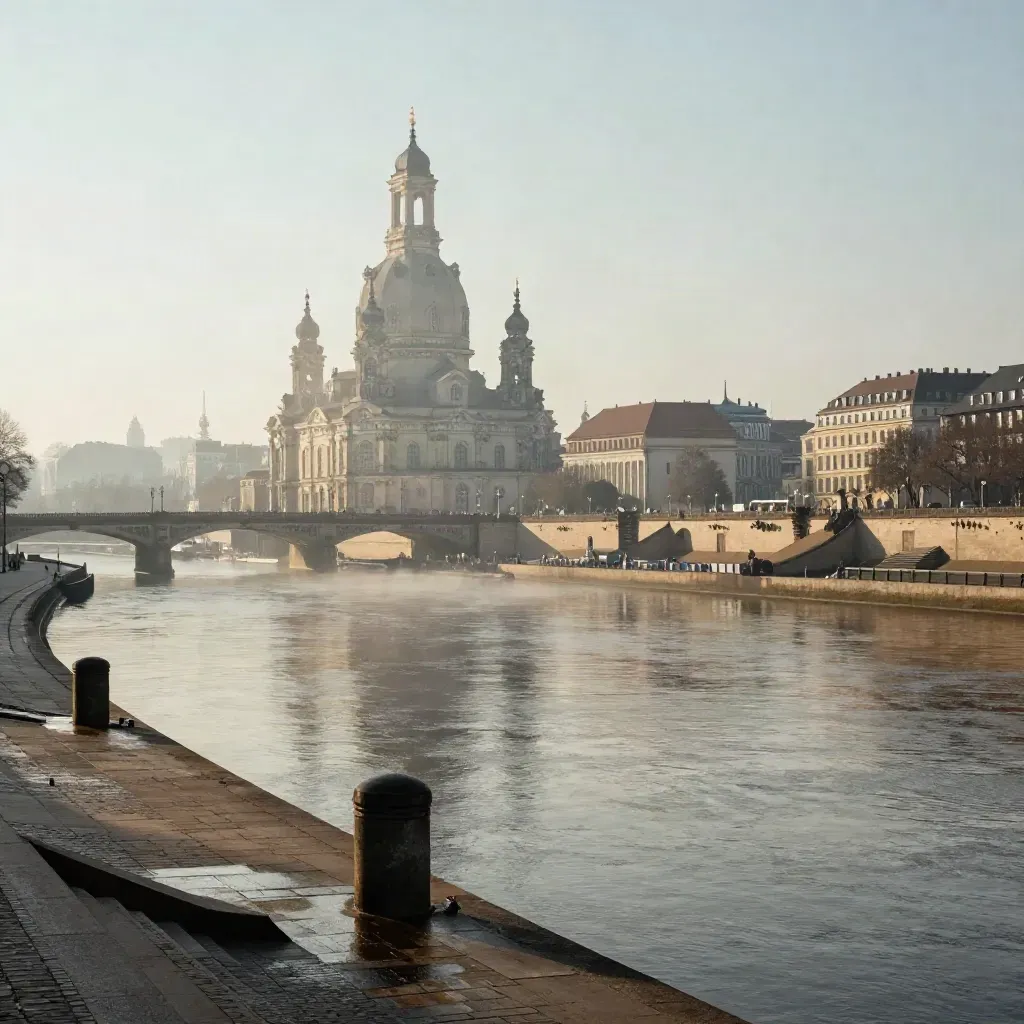 Dresdner Elbufer mit Brücke, Terrassen und Altstadtkante im Licht über dem Flussnebel.