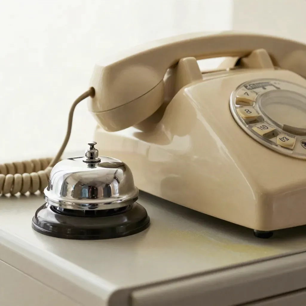 Makro von Telefon, Tischklingel und Ablageteller auf hellem Tresen