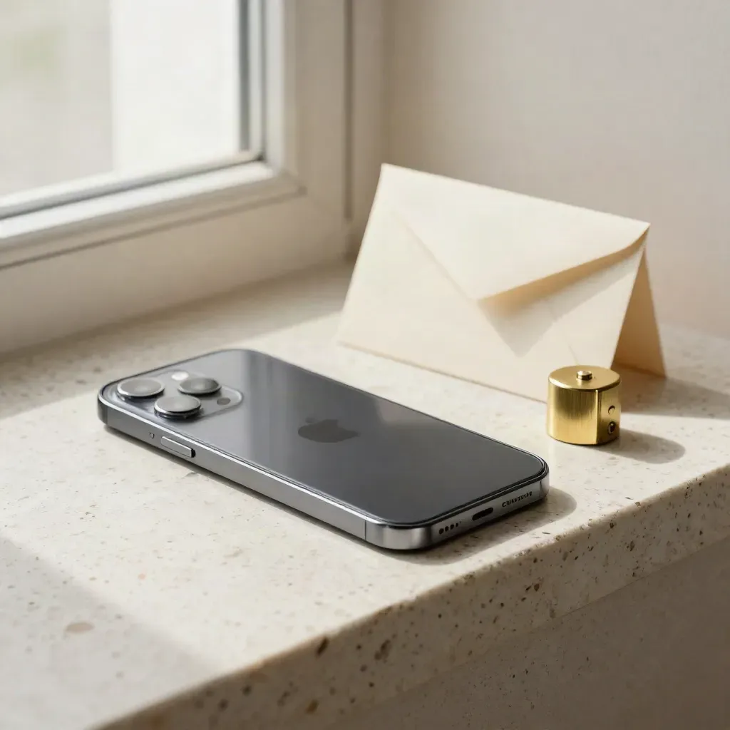 Smartphone, Umschlag und Messing-Clicker auf hellem Stein im weichen Fensterlicht.