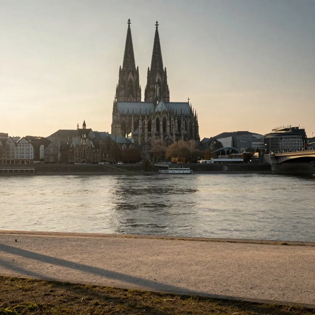 Kölner Dom über Rhein und Uferzone im goldenen Abendlicht