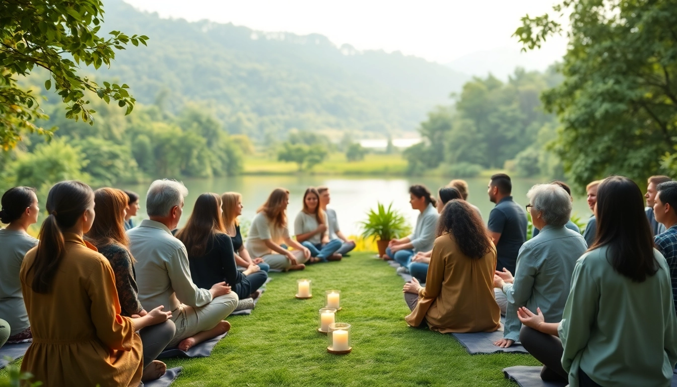 Teilnehmer bei spirituelle Seminare in einer harmonischen Umgebung, die ihre Erfahrungen austauschen.
