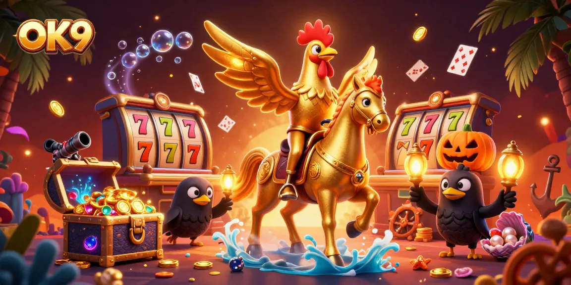 Experience the excitement of OK9 with a vibrant 3D illustration of a golden rooster in a midnight casino scene.