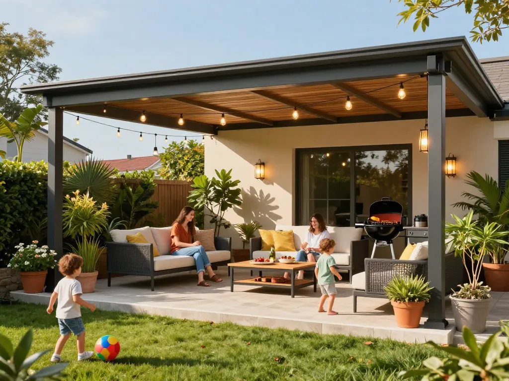 Moderne Terrassenüberdachung in einer schönen Außenterrasse mit einer Familie, die gemeinsame Zeit genießt.