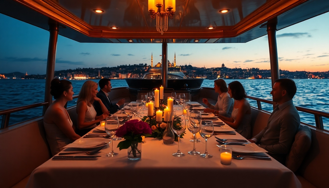 Bosphorus dinner cruise with elegant diners enjoying a picturesque view of Istanbul at sunset.