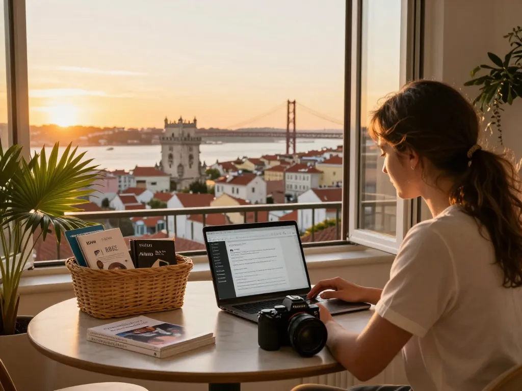 airbnb management lisbon scene with host preparing listing in sunny Lisbon