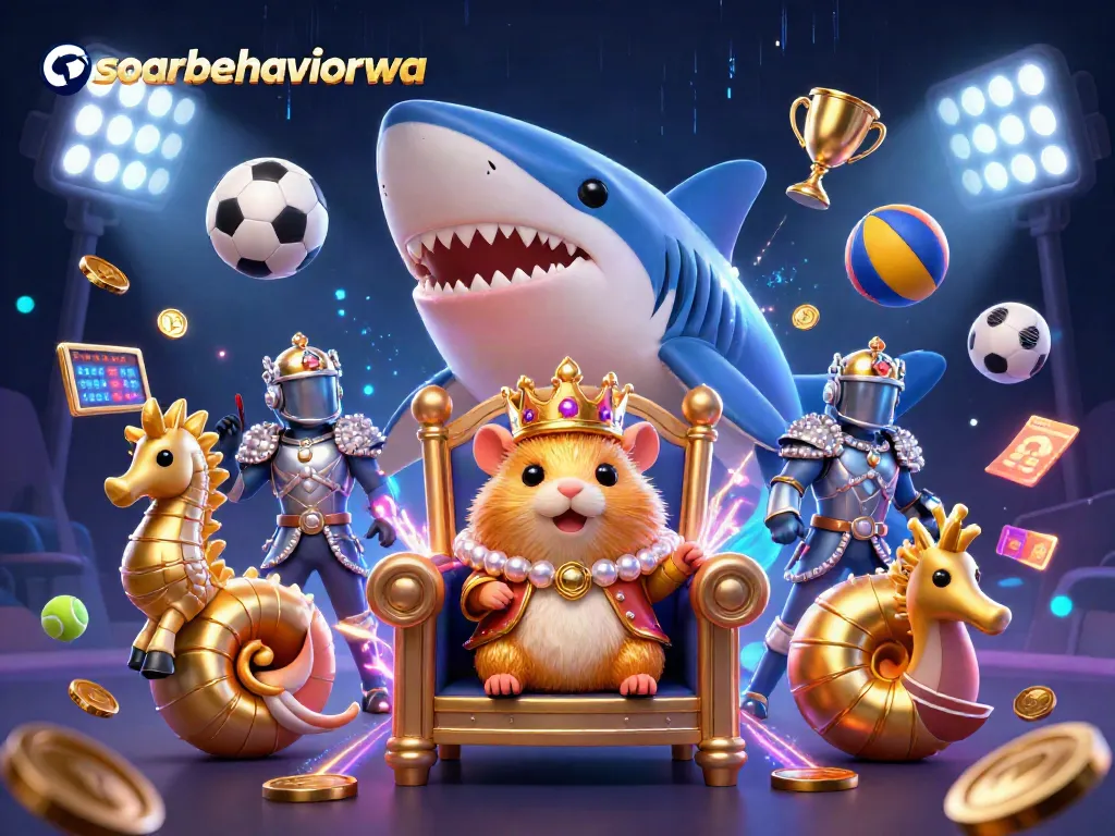 Engage with the vibrant scene of soarbehaviorwa showcasing a tiny hamster king on a megalodon throne among sports betting excitement.