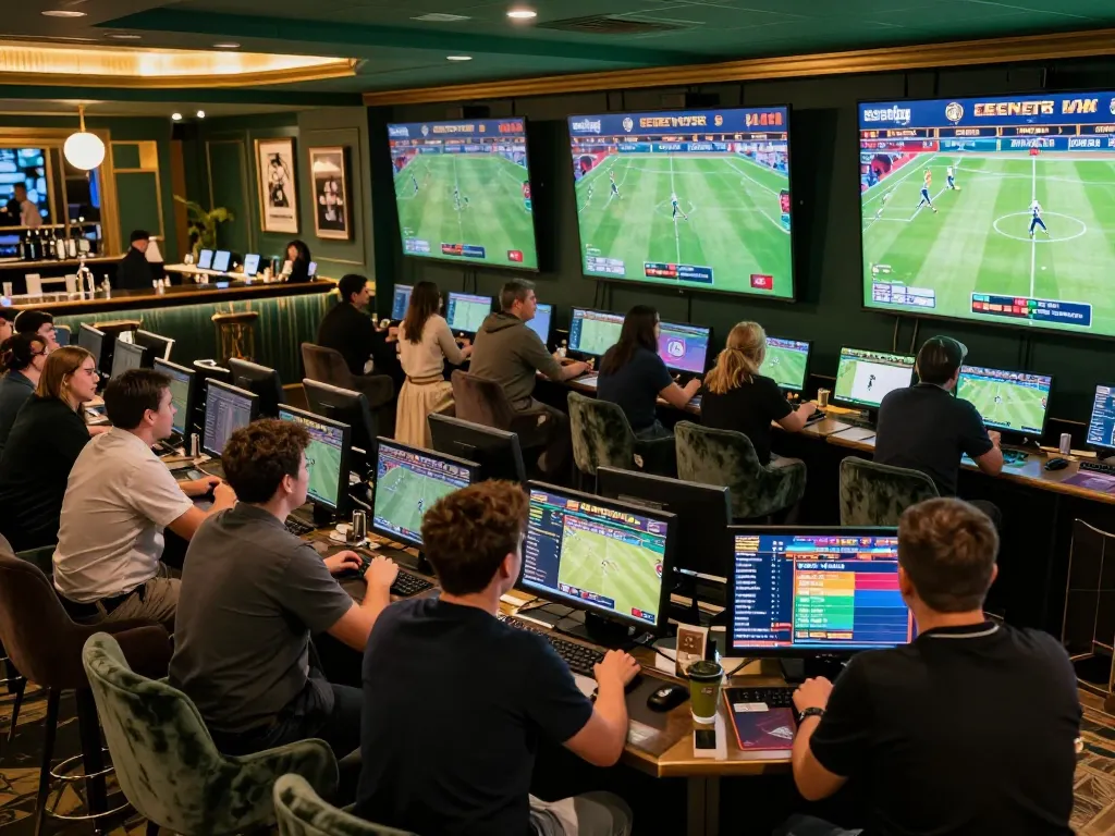 Enthusiasts placing bets at a lively sports betting venue, showcasing excitement with 789betpa screens displaying live games.