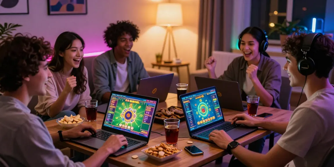 Friends enjoying gaming at https://b52club.radio.fm/ in a cozy setup with vibrant screens and snacks.