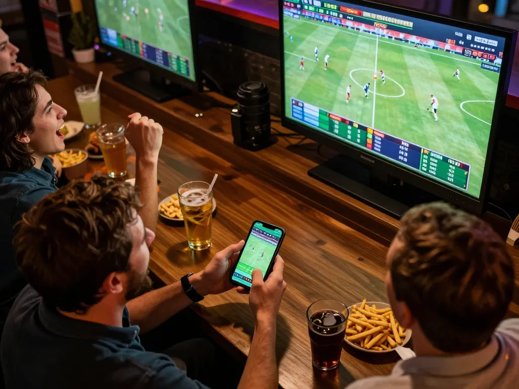 Cakhiatv user excitedly placing sports bets on a mobile app in a lively sports bar, capturing the thrill of live betting.